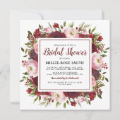 バーグンディ素朴赤面フラワーズブライダルシャワー 招待状 (正面)