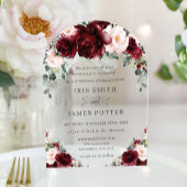 バーグンディ素朴赤面フローラバラアーチ結婚ズ アクリル招待状