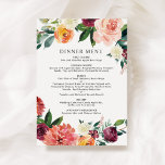 バーグンディ素朴赤面秋フローラ結婚ズディナー メニュー<br><div class="desc">のディナー結婚メニューのカードのデザインスタイリッシュはパーソナライズされた、美しいバラ、ダリア、牡丹の花、緑と素朴なフローラの水の色のデザインによってアクセントを完全にアクセントすることができる言葉を含む豪華な秋のパレットの赤、黄金の黄色、桃のオレンジ、赤面のピンクと緑の色合い。カードの裏側には、テクスチャが施された赤い背景色が付いている。</div>
