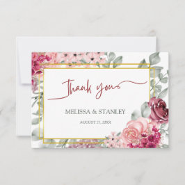 バーグンディ素朴・マルサラとピンクのフローラ結婚ズ サンキューカード