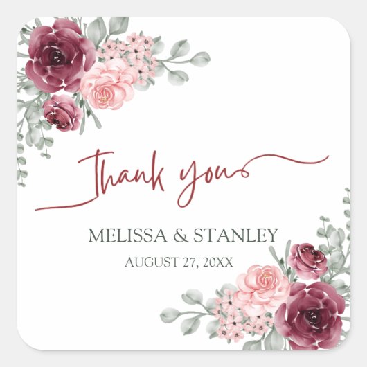 バーグンディ素朴・マルサラとピンクのフローラ結婚ズ スクエアシール (正面)
