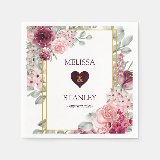 バーグンディ素朴・マルサラとピンクのフローラ結婚ズ スタンダードカクテルナプキン (正面)