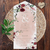 バーグンディ素朴&赤面ピンクローゼディナー オールインワン招待状