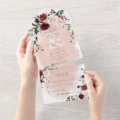 バーグンディ素朴&赤面ピンクローゼノディナー オールインワン招待状 (貼ってはがせる)