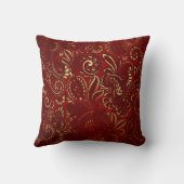バーグンディ華美レッド金ゴールドフラワーズボヘミアンペイズリー クッション (裏面)