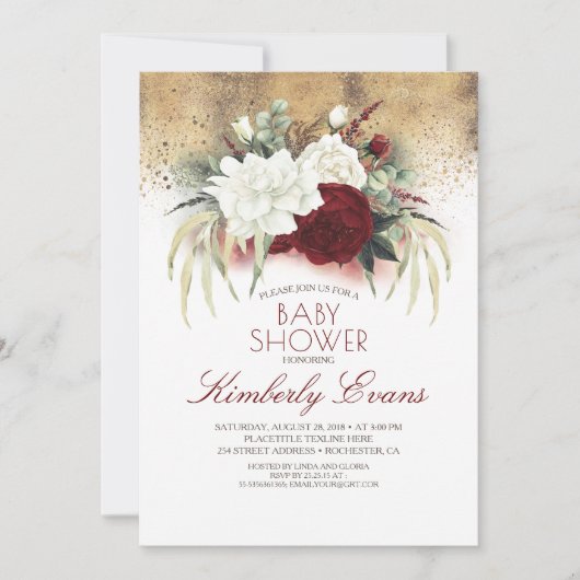 バーグンディ赤と白フローラエレガントベビーシャワー 招待状 (正面)