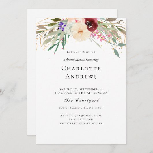 バーグント、赤面、緑の花ブライダルシャワー 招待状 (正面/裏面)