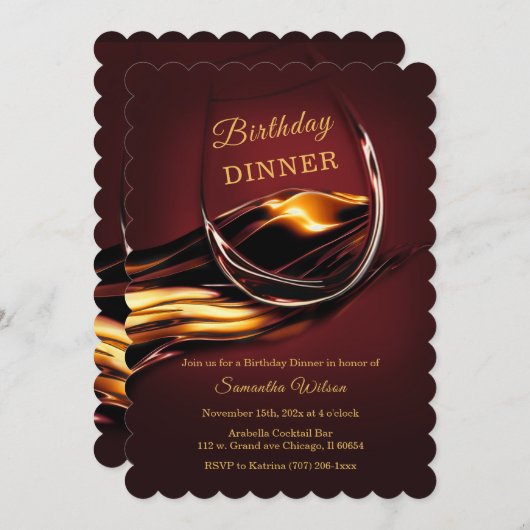 バーグンパーソナライズされたディと金ゴールドディナー誕生日 招待状 (正面/裏面)