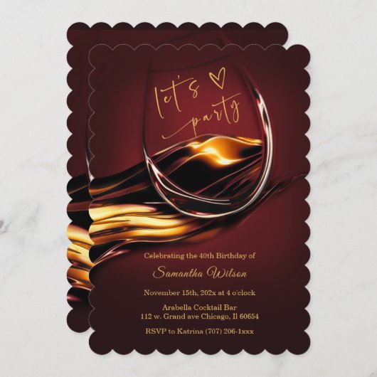 バーグンパーソナライズされたディと金ゴールド女性誕生日 招待状 (正面/裏面)