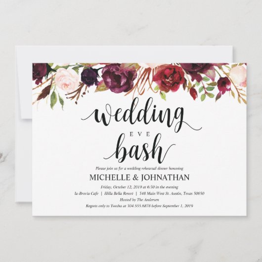 バーグン素朴ディ結婚のリハーサルディナー招待状 招待状 (正面)