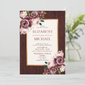 バーグン素朴ディ赤面金ゴールドフローラウッド結婚ズ 招待状 (スタンド正面)