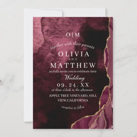 バーグン結婚ディのアゲート&金ゴールド王室ののボ結婚ルド 招待状 (正面)