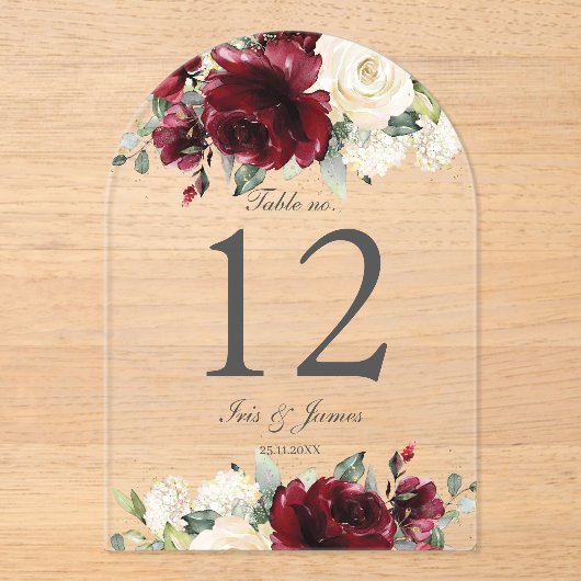 バーグ素朴ンディアイボリー結婚フローラのテーブル番号 アクリル招待状 (正面)