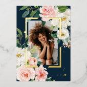 バーグ素朴ンディ海軍ブルーとピンクのフローラホイ実在ル 箔招待状 (正面)