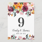 バーグ素朴ンディ秋結婚フローラのテーブル番号 招待状 (裏面)