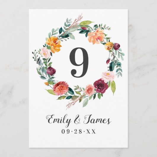 バーグ素朴ンディ秋結婚フローラのテーブル番号 招待状 (正面)