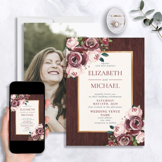 バーグ素朴ンディ赤面ウッド金ゴールド写真結婚の 招待状