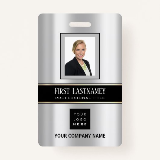 バーコードフォト名IDカード垂直メタルグレー バッジ (正面)