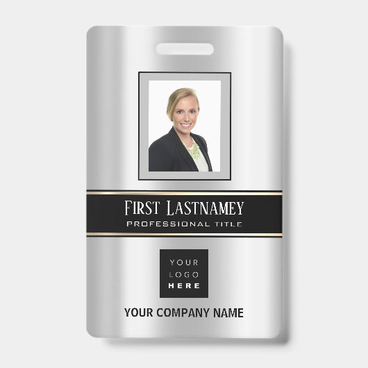 バーコード付き写真 名 ID カード 縦型 メタル グレー バッジ (表面)