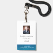 バーコード付き青い従業員IDバッジ バッジ (正面（ネックストラップ付）)