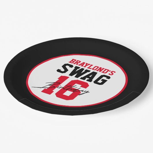 バーシティスタイルレッドスワッグ16誕生日 ペーパープレート (アングル)