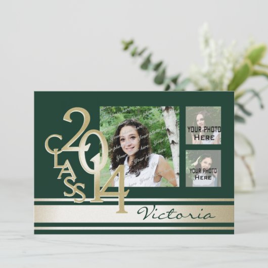 バーシティストライプトライフォトグリーンと金ゴールド 招待状 (スタンド正面)