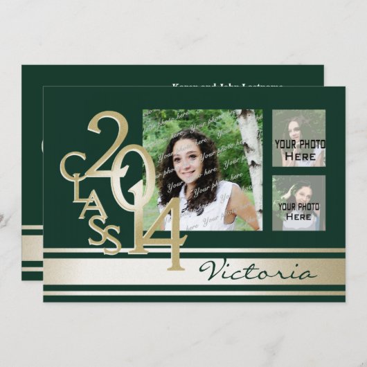 バーシティストライプトライフォトグリーンと金ゴールド 招待状 (正面/裏面)