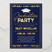 バーシティタイポグラフィネイビー金ゴールド卒業パーティー 箔招待状 (正面)