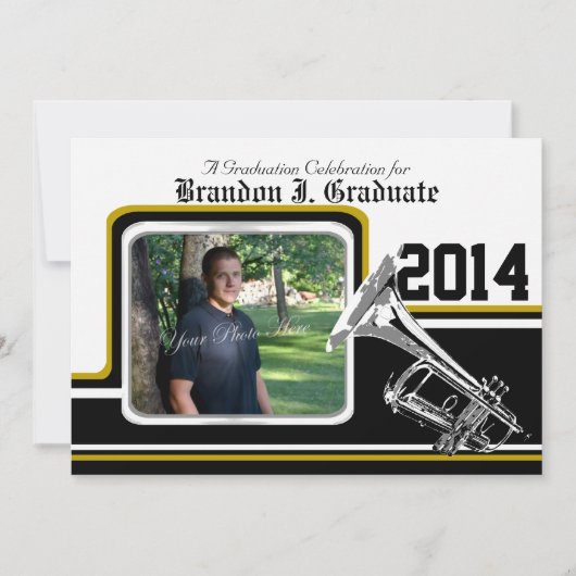 バーシティバンドトランペット卒業写真金ゴールド 招待状 (正面)