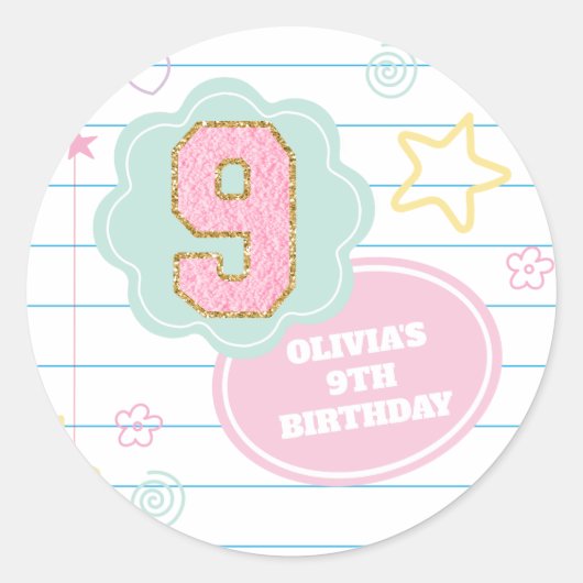 バーシティ名門私立校風のパステルパッチノート9誕生日 ラウンドシール (正面)