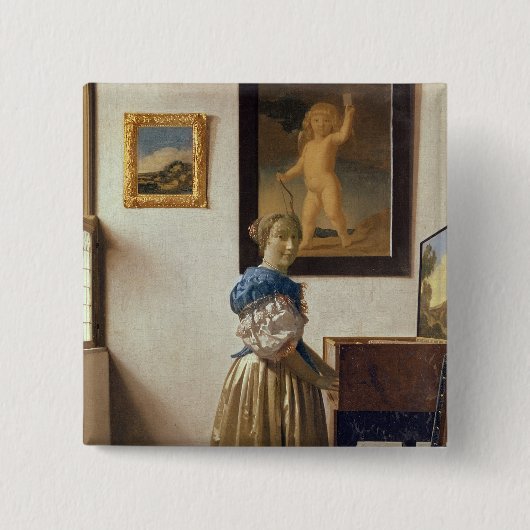 バージナルに立っている女性c.1672-73 缶バッジ (正面)