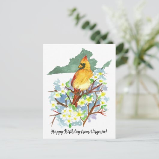 バージニアのカーディナルとドッグウッドからお誕生日おめでとう ポストカード (スタンド正面)