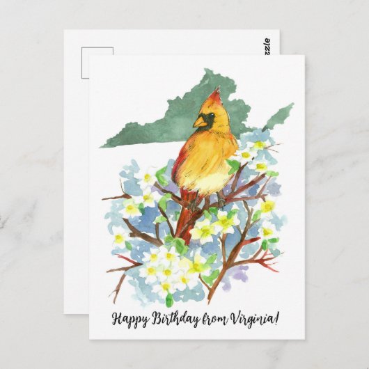 バージニアのカーディナルとドッグウッドからお誕生日おめでとう ポストカード (正面/裏面)