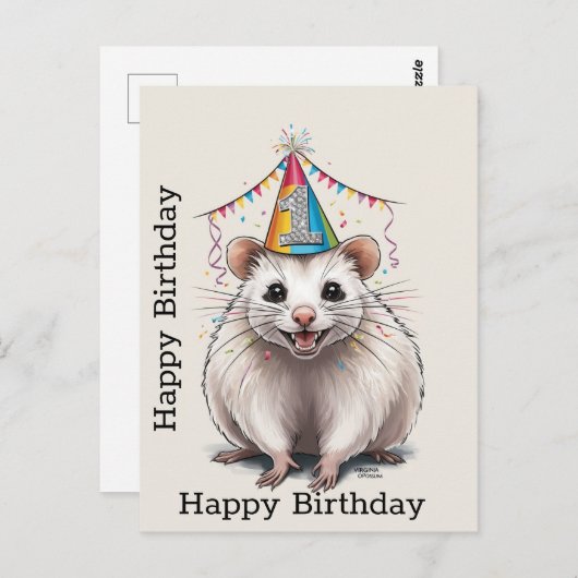 バージニアオポッサムの誕生日帽子をかぶった姿 ポストカード (正面/裏面)