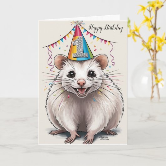 バージニアオポッサム誕生日の帽子をかぶった カード (黄色い花)