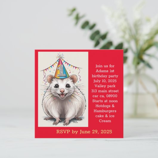 バージニアオポッサム誕生日の帽子をかぶった 招待状 (スタンド正面)