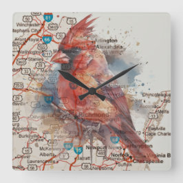 バージニアロードマップウォーターカラーアートのカーディナル スクエア壁時計