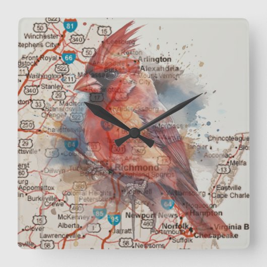 バージニアロードマップウォーターカラーアートのカーディナル スクエア壁時計 (正面)