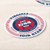 バージニア赤白青タイポグラフィ ラウンドペーパーコースター (アングル)