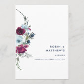 バージンロードに咲くブルー、バーガンディ、ブルーの花々、エレガントなウェディング メニュー (裏面)