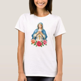 バージン・マリーとロザリオのカトリック花柄デザイン Tシャツ
