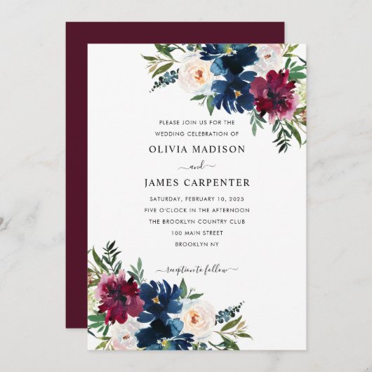 バースタイリッシュエレガントグンディ海軍ブルーフローラ結婚ズ 招待状 (正面/裏面)