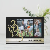 バースディストライプ トリプルフォト ゴールド 卒業おめでとう 招待状 (スタンド正面)