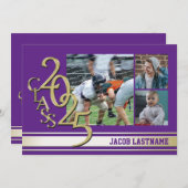 バースディストライプ トリプルフォト ゴールド 卒業おめでとう 招待状 (正面/裏面)