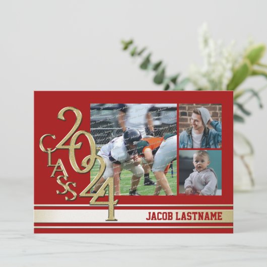 バースディストライプ トリプルフォト ゴールド 卒業生招待状 招待状 (スタンド正面)