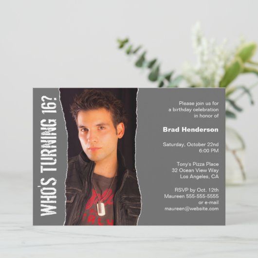 バースデモダンーパーティフォト招待状ダークグレー 招待状 (スタンド正面)