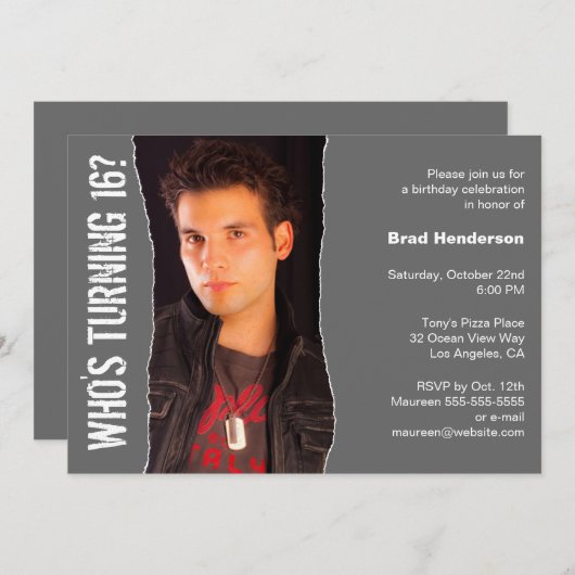 バースデモダンーパーティフォト招待状ダークグレー 招待状 (正面/裏面)