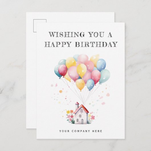 バースデーおめでとう!水彩画の家と風船の不動産カード ポストカード (正面/裏面)