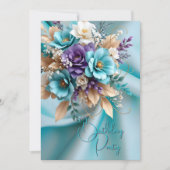 バースデーかわいらしタパーティシルクティール(緑がかった色)パープルフローラ 招待状 (正面)