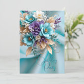 バースデーかわいらしタパーティシルクティール(緑がかった色)パープルフローラ 招待状 (スタンド正面)